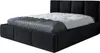 A black upholstered bed with a white and gray comforter is shown against a white background. Produktbild-Vorschau