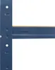 A close-up view of a blue metal shelf unit with a wooden shelf. Voir les images du produit