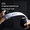 Hands holding a white gaming headset with the Astro logo. The background is dark and textured. Produktbild-Vorschau