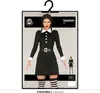 A woman wearing a black dress costume with white collar and cuffs, and striped socks, is displayed on a hanger against a light gray background. The costume is presented as a product for sale. Produktbild-Vorschau