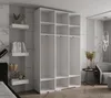 A white wardrobe with multiple shelves and hanging spaces, displayed in a modern room setting with decorative elements. Produktbild-Vorschau