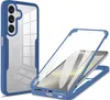 A product shot of a phone case with a transparent back and blue edges, shown from two angles. Produktbild-Vorschau