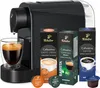 A black Tchibo Cafissimo coffee machine with a glass of coffee and several boxes of coffee capsules. Produktbild-Vorschau