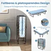 A graphic collage showing a foldable bed. The main image on the left displays a folded bed next to a sofa. Smaller images on the right illustrate the bed unfolding and its features. Anteprima dell’immagine prodotto