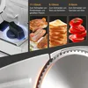 A collage of images showing different slicing thicknesses for meat, bread, and vegetables, along with a close-up of the slicer's blade and adjustment knob. Produktbild-Vorschau