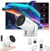 A digital marketing image showcasing a white projector with a vibrant dolphin graphic projected behind it, along with feature callouts. Produktbild-Vorschau