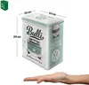 A tin storage box with a Volkswagen Bulli design, shown with dimensions and a hand for scale. Produktbild-Vorschau