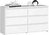A white dresser with six drawers is shown against a white background. Decorative objects are placed on top of the dresser. Produktbild-Vorschau