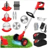 A collection of cordless grass trimmer accessories and parts laid out on a white and green background. Produktbild-Vorschau