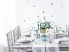 A beautifully set table for a celebration, with hanging decorations and floral centerpieces. Podgląd zdjęcia produktu