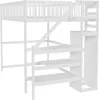 A white wooden loft bed with stairs and shelves, shown from a side angle against a white background. Produktbild-Vorschau