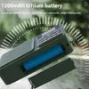 Close-up of a portable radio with its battery compartment open, showing a blue lithium battery. Produktbild-Vorschau