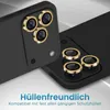 Close-up of smartphone camera lens protectors with gold trim and rhinestones, shown on black smartphone cases. Produktbild-Vorschau