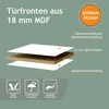 Diagram showing the layers of a door front made of 18mm MDF with melamine coating, along with icons representing stability, moisture resistance, and durability. Produktbild-Vorschau