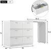 A white dresser with a pull-out table, with dimensions indicated by numbers and arrows. Produktbild-Vorschau
