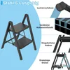 A product image of a black folding step stool with various feature callouts. Voir les images du produit