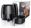 A black air fryer and its basket are displayed next to its packaging on a white background. Produktbild-Vorschau