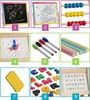 A collage of different components of a children's educational toy set, including chalkboards, markers, chalk, a clock, abacus, and magnetic letters. Voir les images du produit