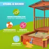 A sandbox with a canopy and veranda, surrounded by grass, with marketing icons and text highlighting product features. Produktbild-Vorschau