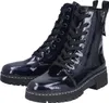A pair of blue patent leather lace-up boots with black laces and a thick black sole, shown against a white background. Produktbild-Vorschau
