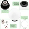 A collage of images showing a white globe light fixture and its components, along with measurement diagrams and assembly accessories. Podgląd zdjęcia produktu