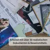 A collection of documents and papers are spread out on a wooden surface, suggesting a mystery or investigation. Produktbild-Vorschau