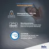 A woman sleeping on a mattress, with marketing text and icons describing the mattress features. Produktbild-Vorschau