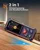 A digital laser distance meter is shown on a wooden surface, demonstrating its angle measurement function. Produktbild-Vorschau