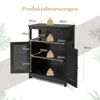 A black wooden cabinet with its doors open, showing shelves and dimensions indicated by lines and text. Voir les images du produit