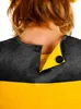 Close-up view of the back of a child's neck and shoulders wearing a costume with a gray outer layer and a yellow inner layer, featuring two black buttons. Produktbild-Vorschau