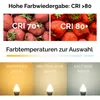 Collage showing strawberries with CRI ratings and different color temperature options for light bulbs. Produktbild-Vorschau
