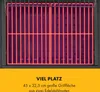 A close-up view of a grill grate with red heating elements, set against a black frame, with a yellow section below containing text. Produktbild-Vorschau