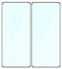 Two rectangular objects with rounded corners, appearing to be screen protectors, are placed side-by-side against a light blue and white gradient background. Produktbild-Vorschau