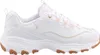 A side view of a white Skechers D'Lites sneaker with tan and pink accents. Produktbild-Vorschau