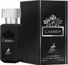 A black perfume bottle and its packaging are displayed against a white background. Produktbild-Vorschau