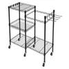 A black wire shelving unit with multiple shelves and baskets, including hooks on one side. Náhled obrázku produktu