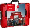 A red tool case with a promotional image on the front, showing a stage and people at an event, with stacked red shipping containers branded with the Fischer logo. Náhled obrázku produktu
