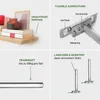 A collage of four images showcasing shelf brackets, their features, and a shelf with items. Produktbild-Vorschau