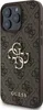 A close-up, angled view of a brown iPhone case with a repeating Guess logo pattern and a large metallic Guess logo in the center. Podgląd zdjęcia produktu