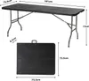 A black folding table is shown in its unfolded and folded states, with dimensions indicated by text overlays. Produktbild-Vorschau