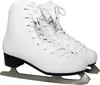 A pair of white ice skates with black heels and silver blades, presented against a white background. Voir les images du produit
