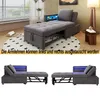 A gray sofa bed with LED lighting is shown in different configurations, with text overlay describing its features. Voir les images du produit