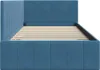 A blue upholstered bed frame with a slatted base, shown from the side. Produktbild-Vorschau