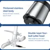 Close-up shots of a meat grinder's stainless steel body and its double-layer four-leaf cutter head, with descriptive text highlighting features. Produktbild-Vorschau
