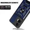 A close-up, angled view of a blue and black phone case with a ring holder, shown against a white background. The case appears to be designed for rugged protection, with textured surfaces and a sliding camera cover. Text overlays highlight features like 'MA Produktbild-Vorschau