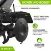 Close-up of a garden tiller's tilling mechanism and frame, with text overlays describing its features. Produktbild-Vorschau