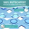 Close-up view of a blue textured shower mat with text overlays highlighting its features. Produktbild-Vorschau