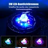A close-up, top-down view of a solar-powered LED fountain light in a dark setting, showcasing its colorful illumination. Produktbild-Vorschau