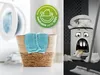 A split image showing a laundry basket with a blue cloth on the left and a cartoon trash can eating money on the right. Produktbild-Vorschau