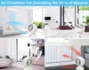 A collage of four images showcasing an air circulation fan in different home settings and seasons. Produktbild-Vorschau